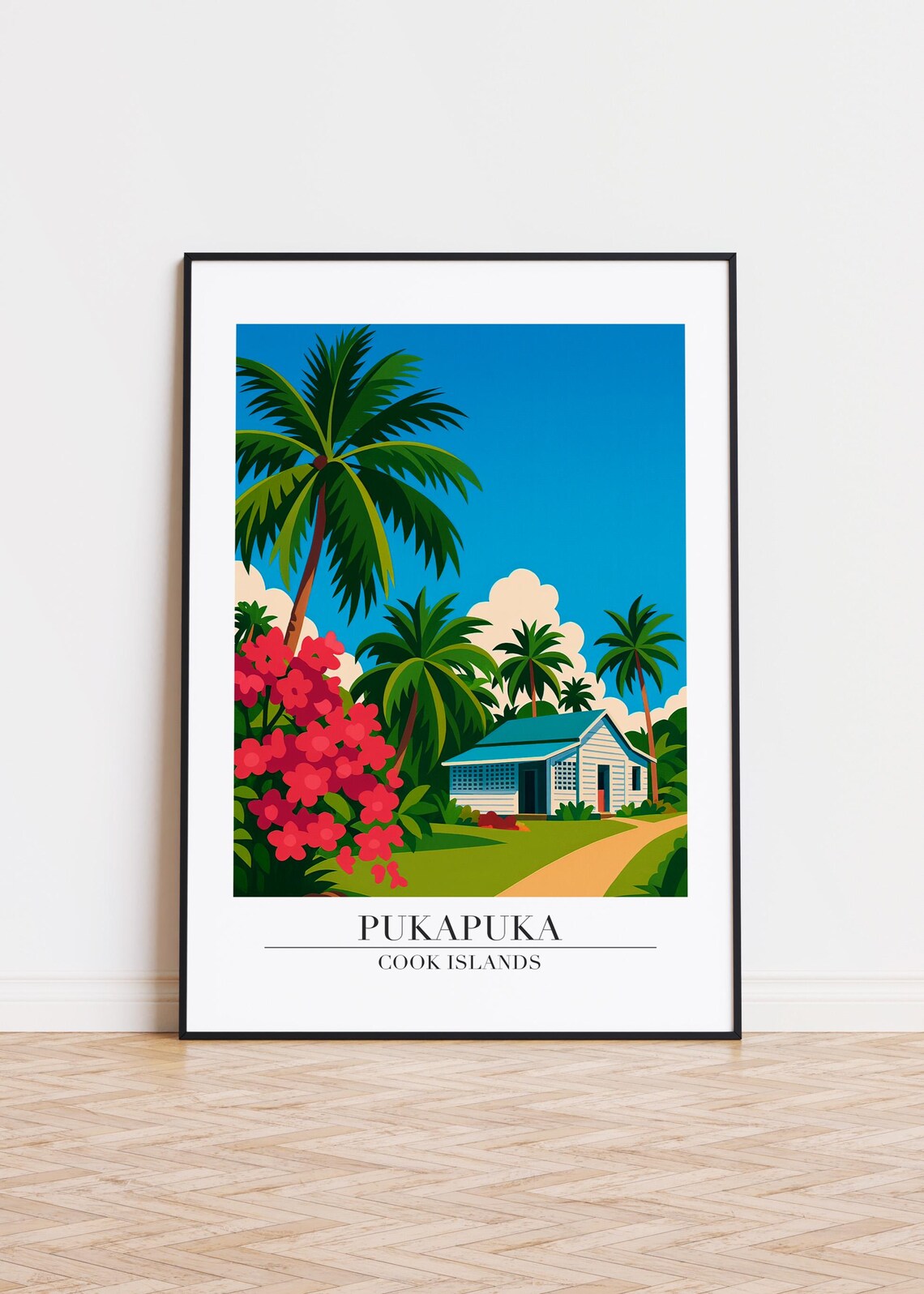 Pukapuka Cook Islands Tropical Cottage Palm Trees Hibiscus Travel Poster