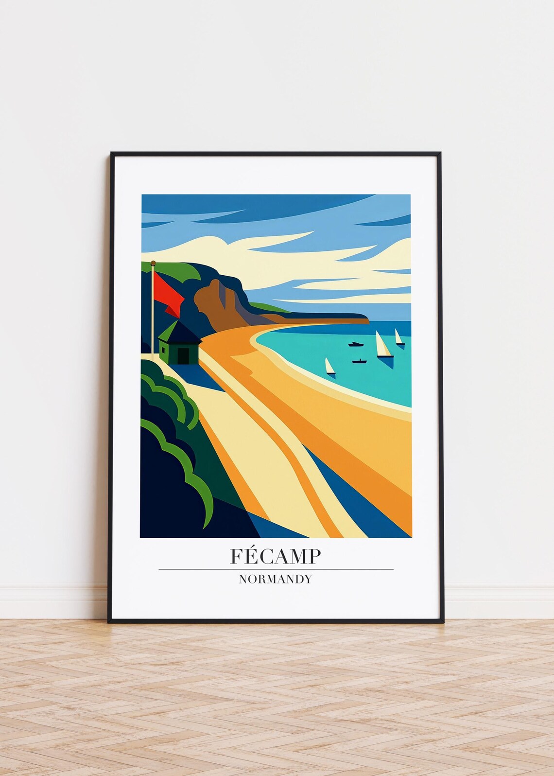Fecamp Normandy France White Sailboat Beach Vintage Travel Poster