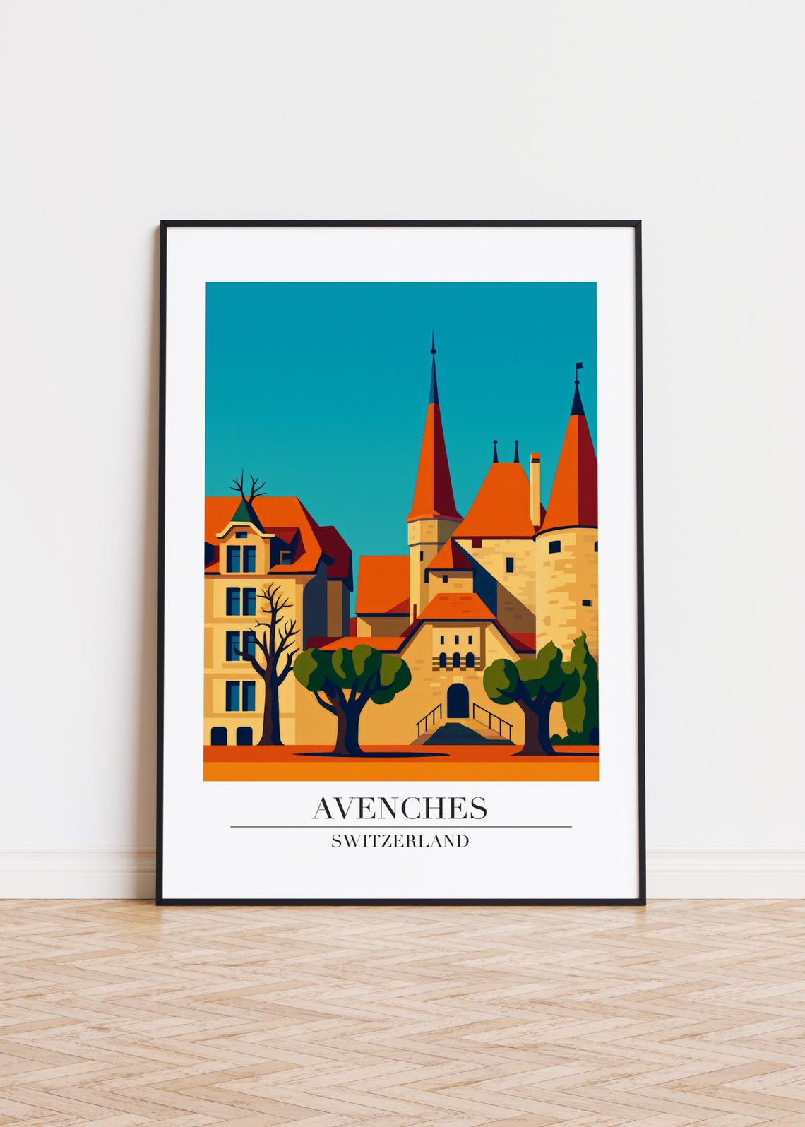 Avenches Switzerland Medieval Castle Town Towers Vintage Travel Poster