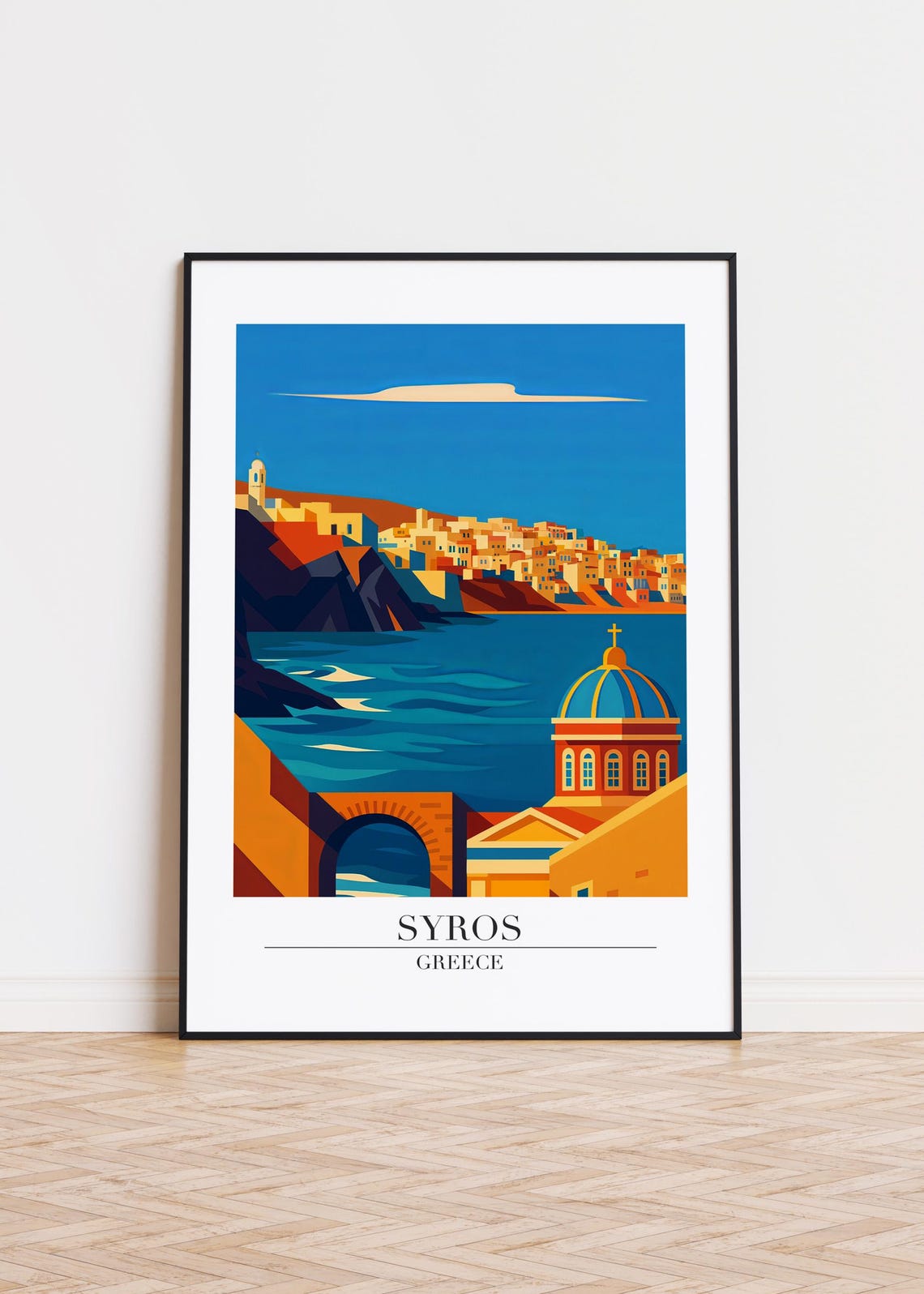 Syros Greece Coastal Town Blue Dome Church Harbor Seascape Poster