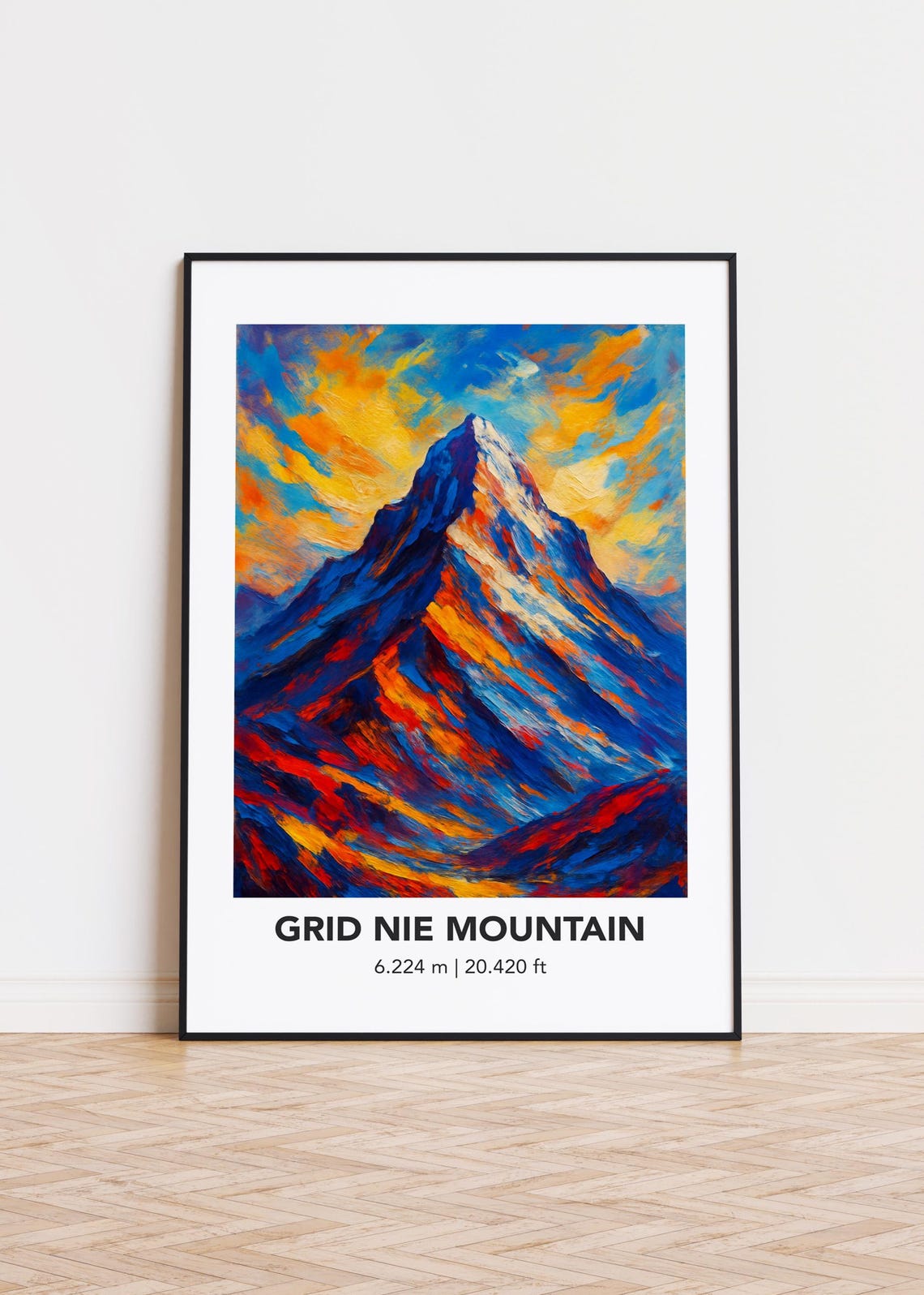 Grid Nie Mountain Peak Fiery Sky Modern Oil Painting Style Poster