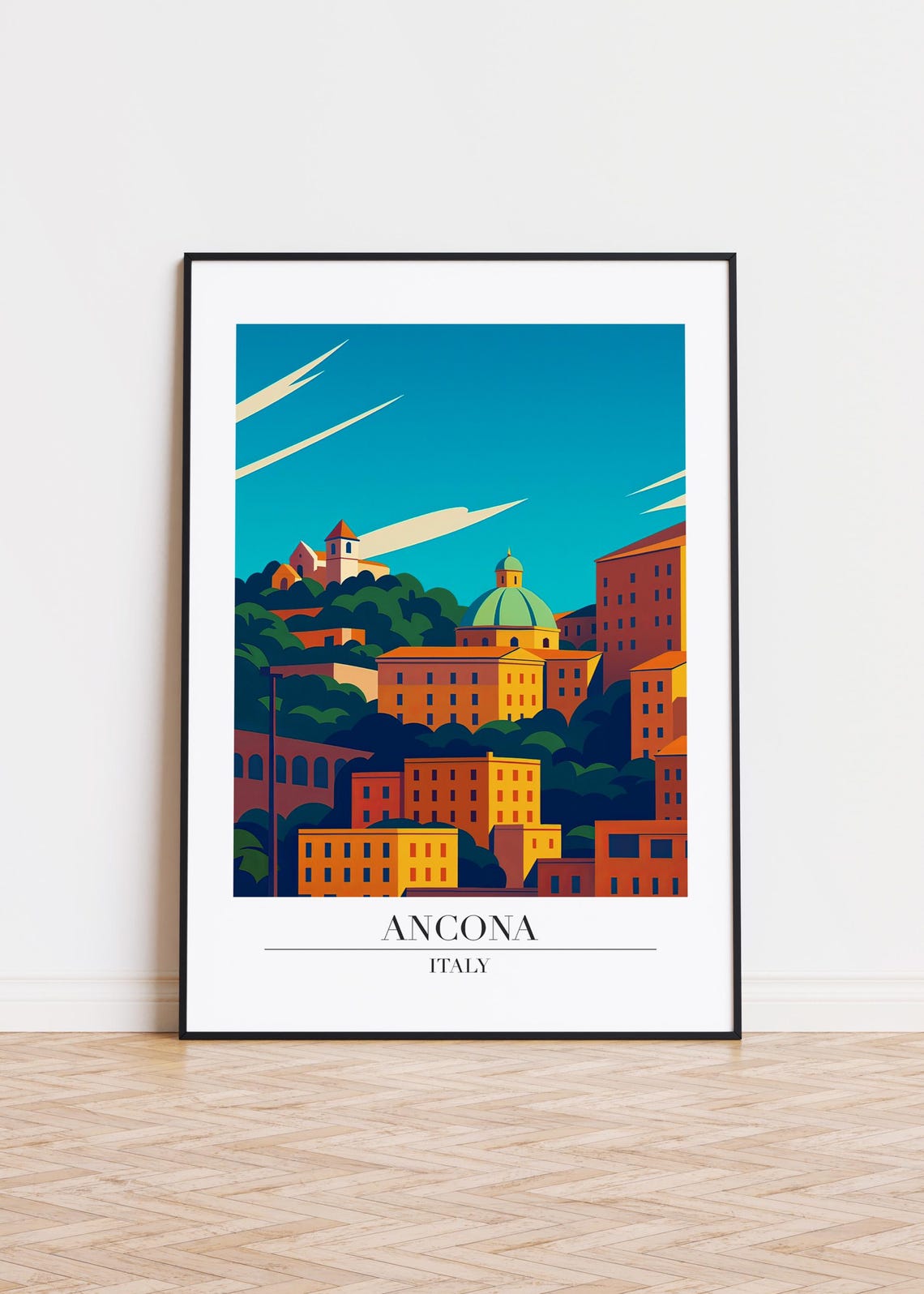Ancona Italy Hilltop Dome and Old Town Skyline Travel Poster