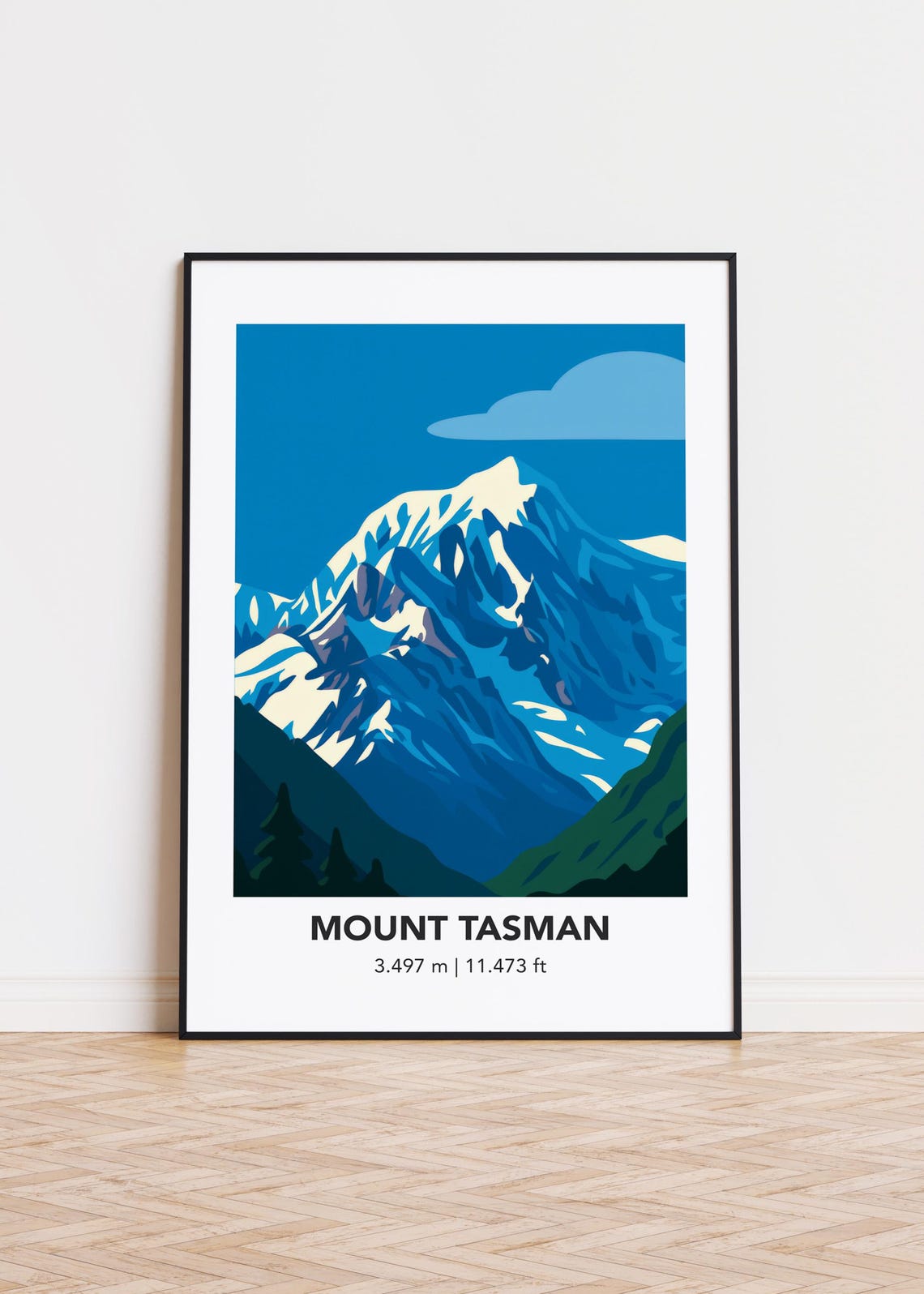 Mount Tasman 3497m Snow Capped Peak Blue Minimalist Travel Poster