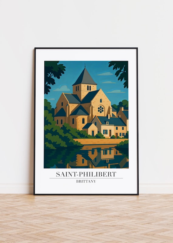 Saint Philibert Brittany Riverside Church Retro Style Travel Poster