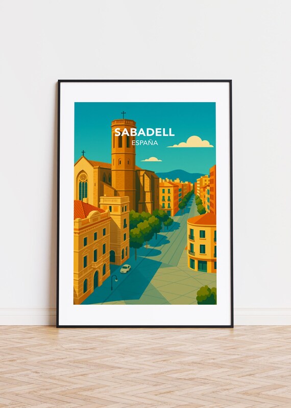 Sabadell España Church Tower Street Vintage Style Travel Poster
