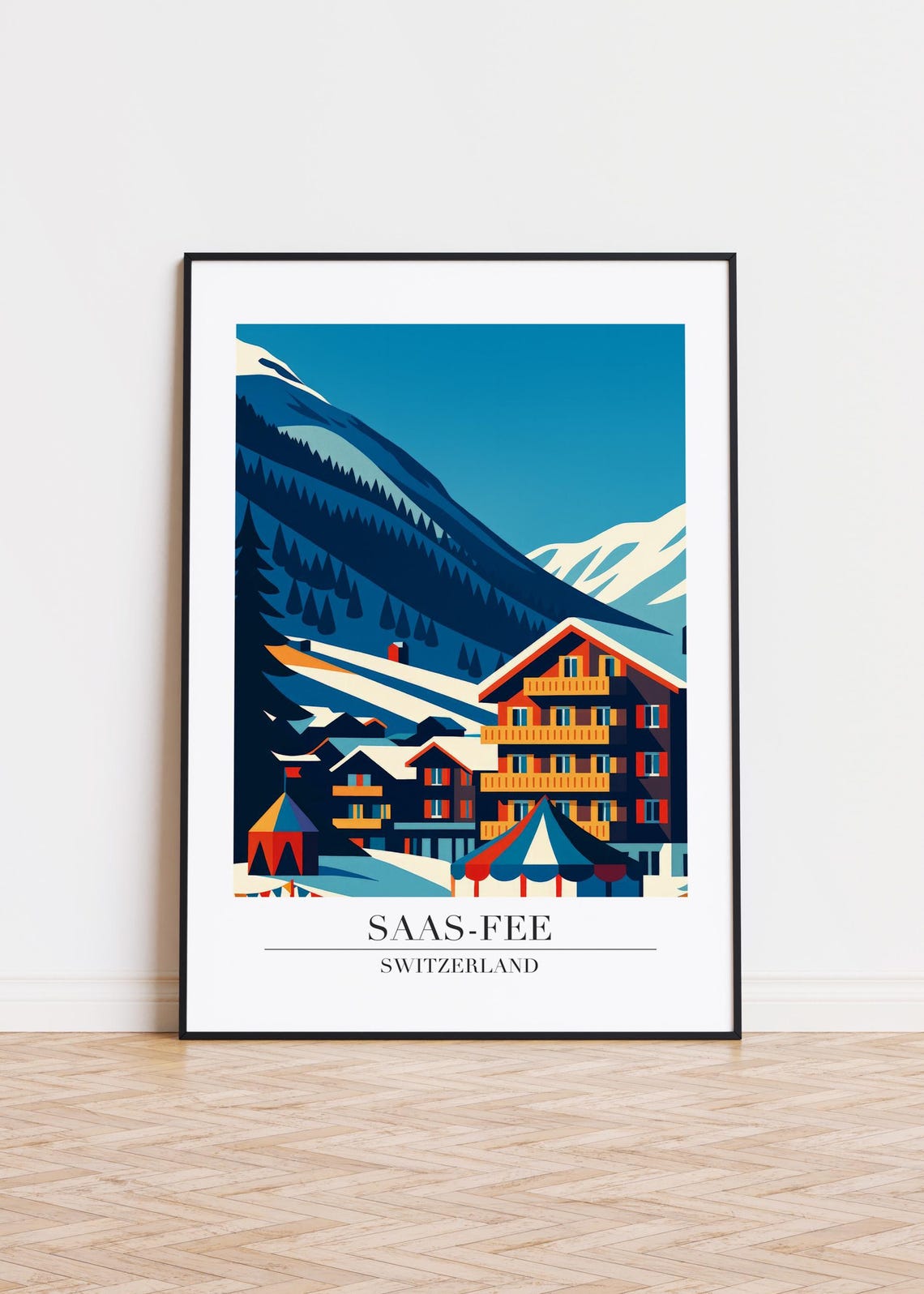 Saas Fee Switzerland Travel Scene Alpine Winter Village Art Print