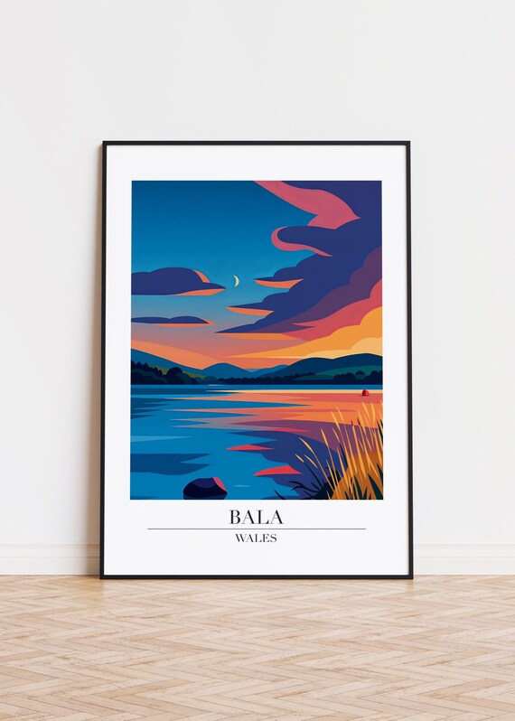 Bala Wales Moonlit Sunset Lake Modern Travel Illustration Poster