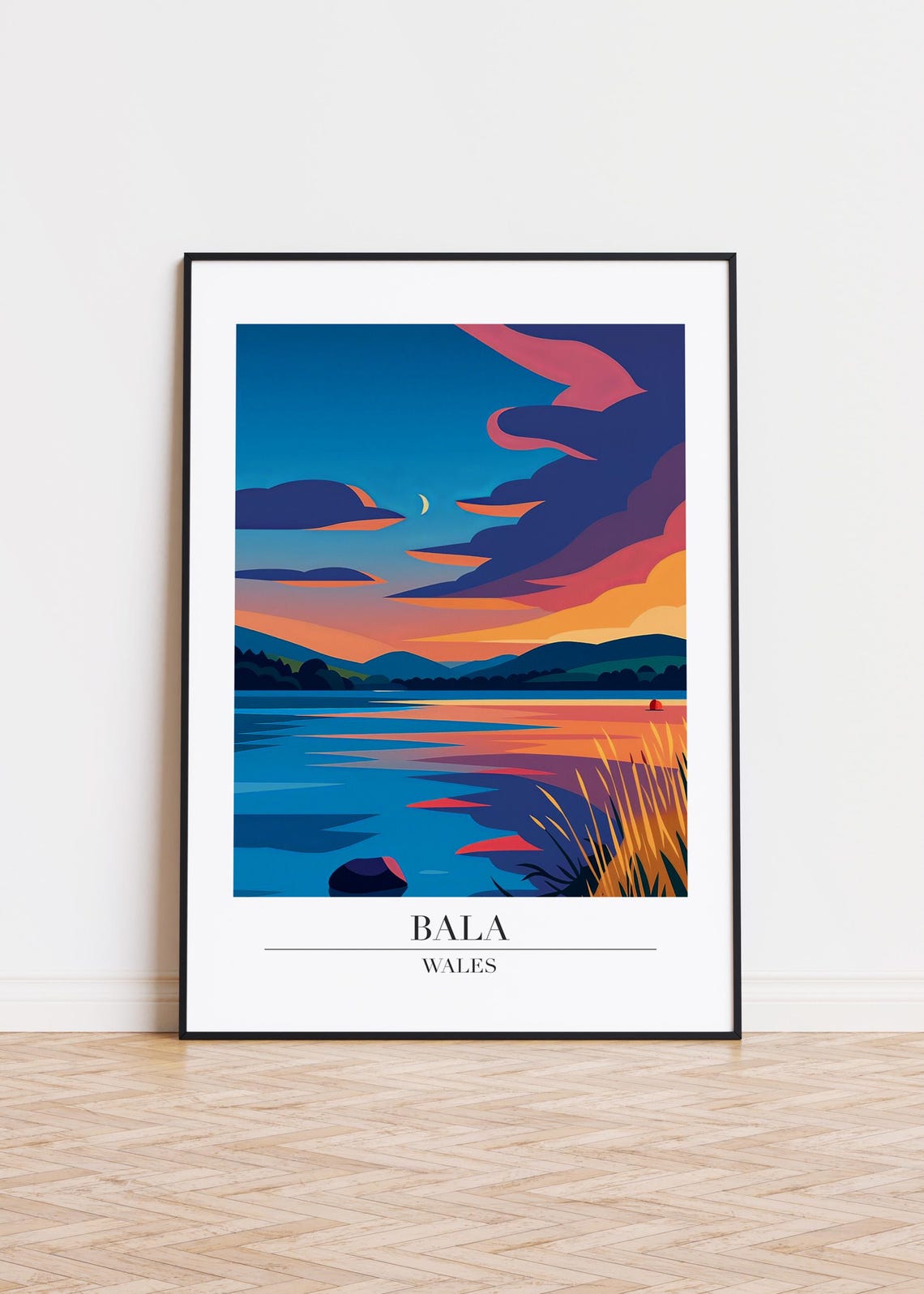 Bala Wales Moonlit Sunset Lake Modern Travel Illustration Poster