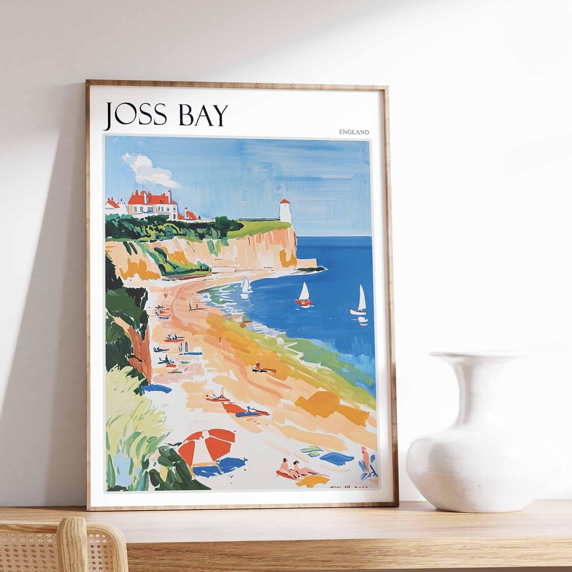 Joss Bay England White Cliffs Lighthouse Beach Umbrellas Poster