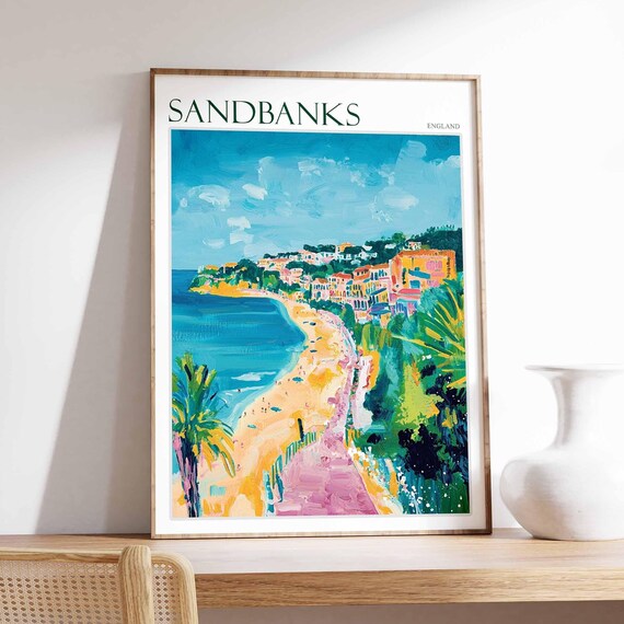 Sandbanks England Curving Beach Headland Town Palms Vibrant Poster