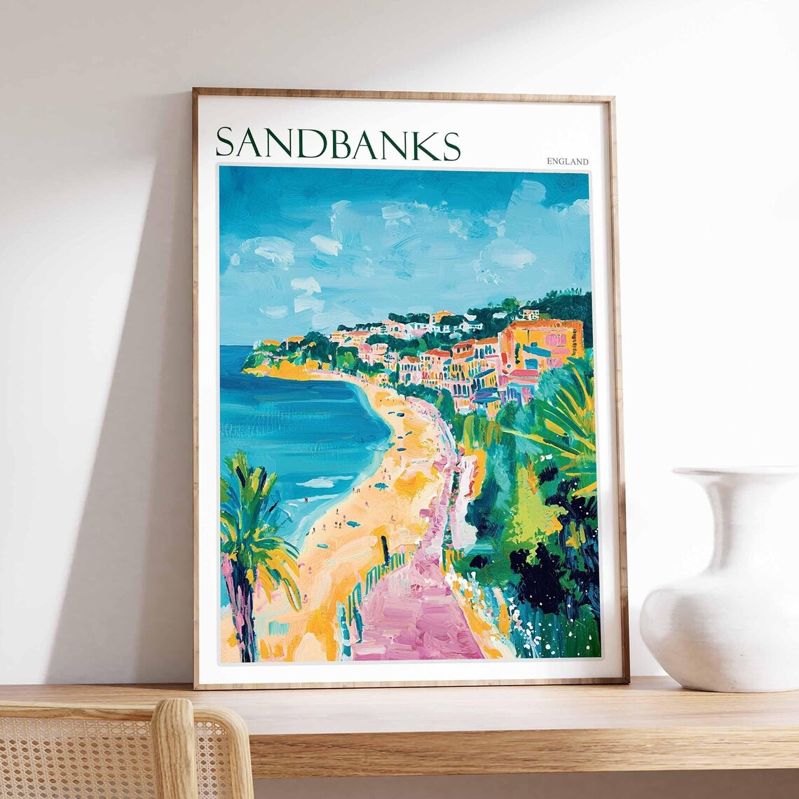 Sandbanks England Curving Beach Headland Town Palms Vibrant Poster