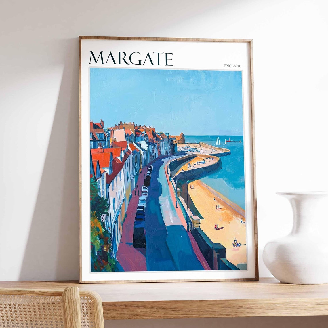 Margate England Sweeping Road to Beach Red Roofs Harbor Poster
