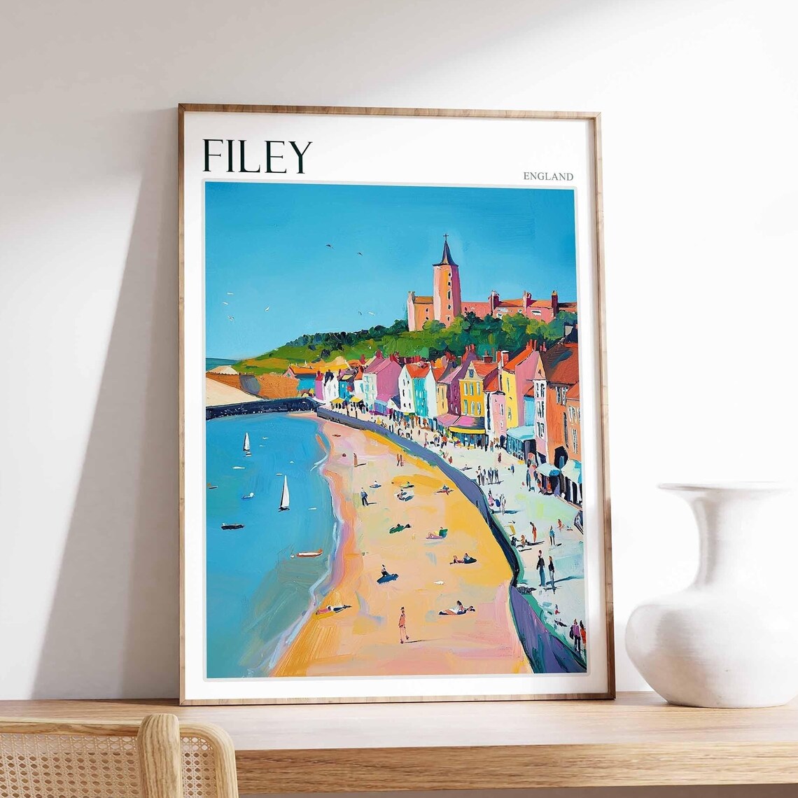 Filey England Hilltop Church Colorful Waterfront Sailboats Painting Poster