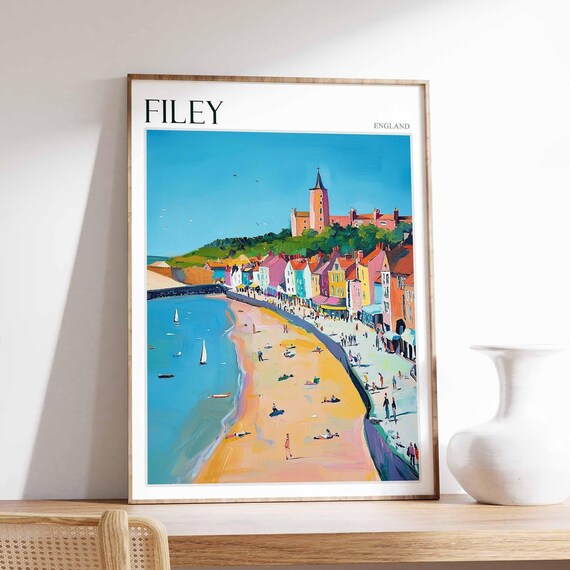 Filey England Hilltop Church Colorful Waterfront Sailboats Painting Poster