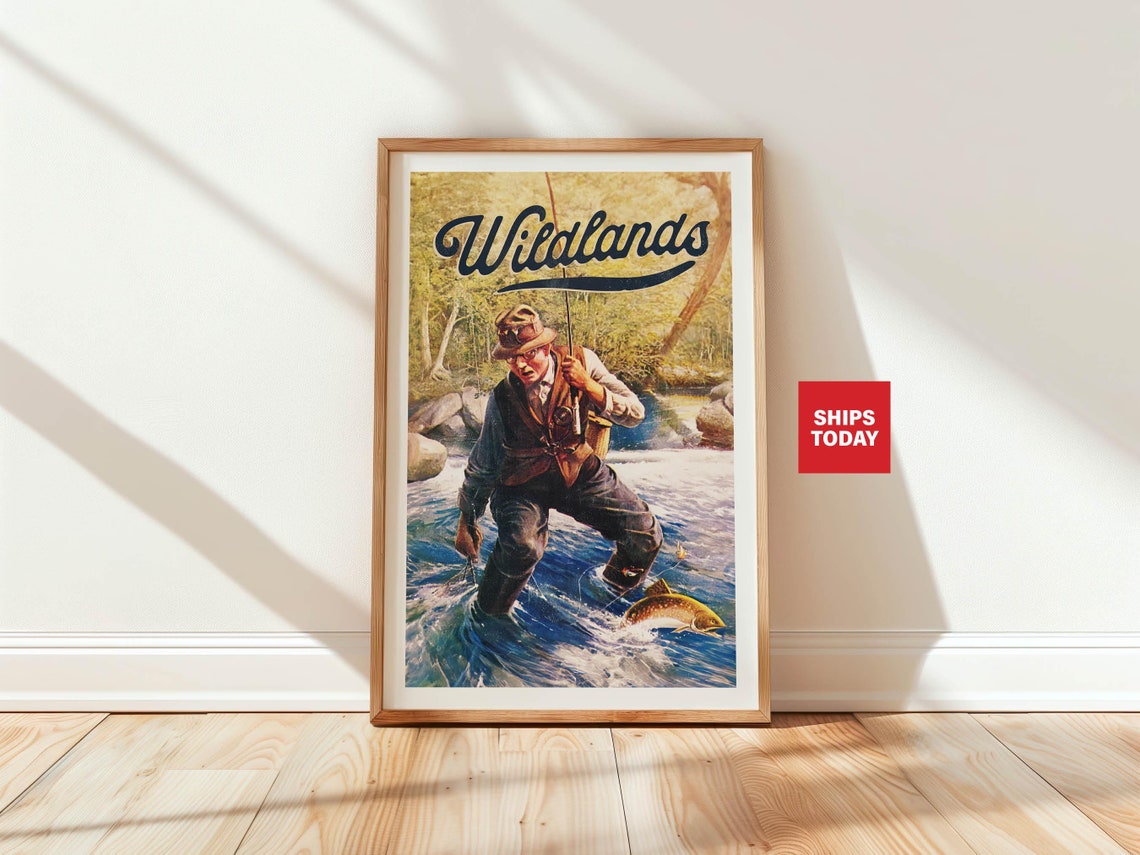 River Fishing Print Gift For Fisherman Art Poster Retro Fishing Wall Decor Retro Angler Artwork Outdoorsy Wall Art Fishing Dad Gift