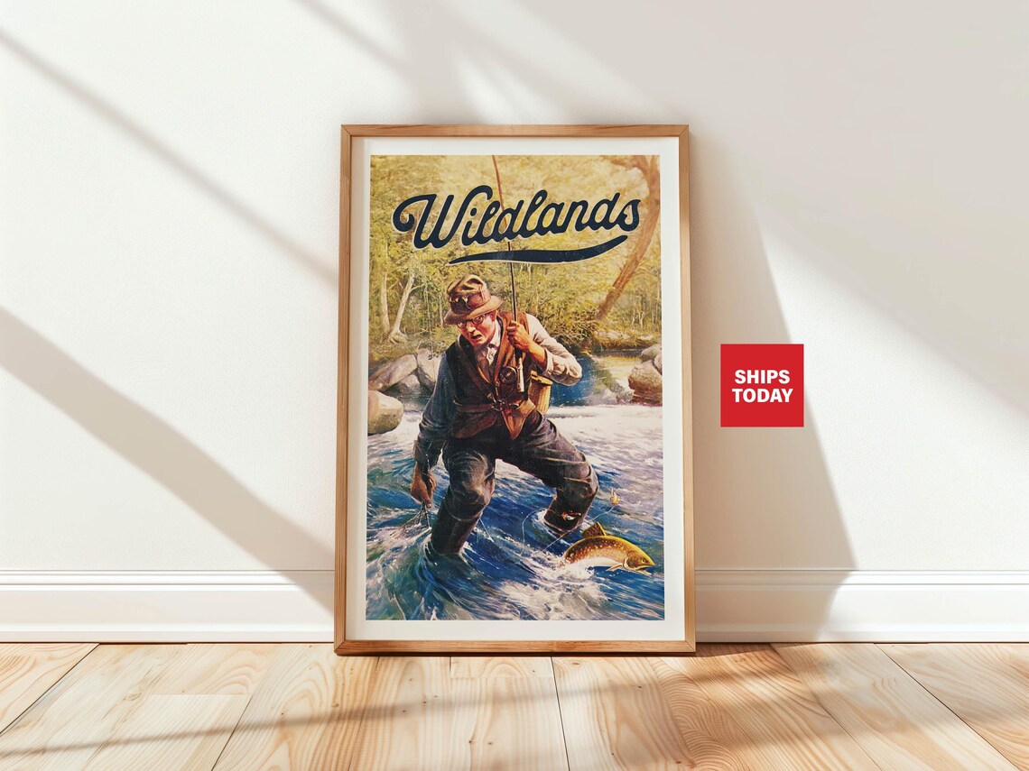 Wildlands Vintage River Trout Fishing Angler Illustration Poster Art
