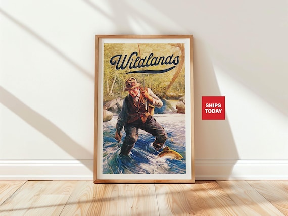 Wildlands Vintage River Trout Fishing Angler Illustration Poster Art
