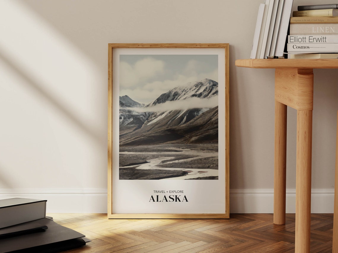 Alaska Snowy Mountain Valley Travel Explore Black White Poster - Image 2