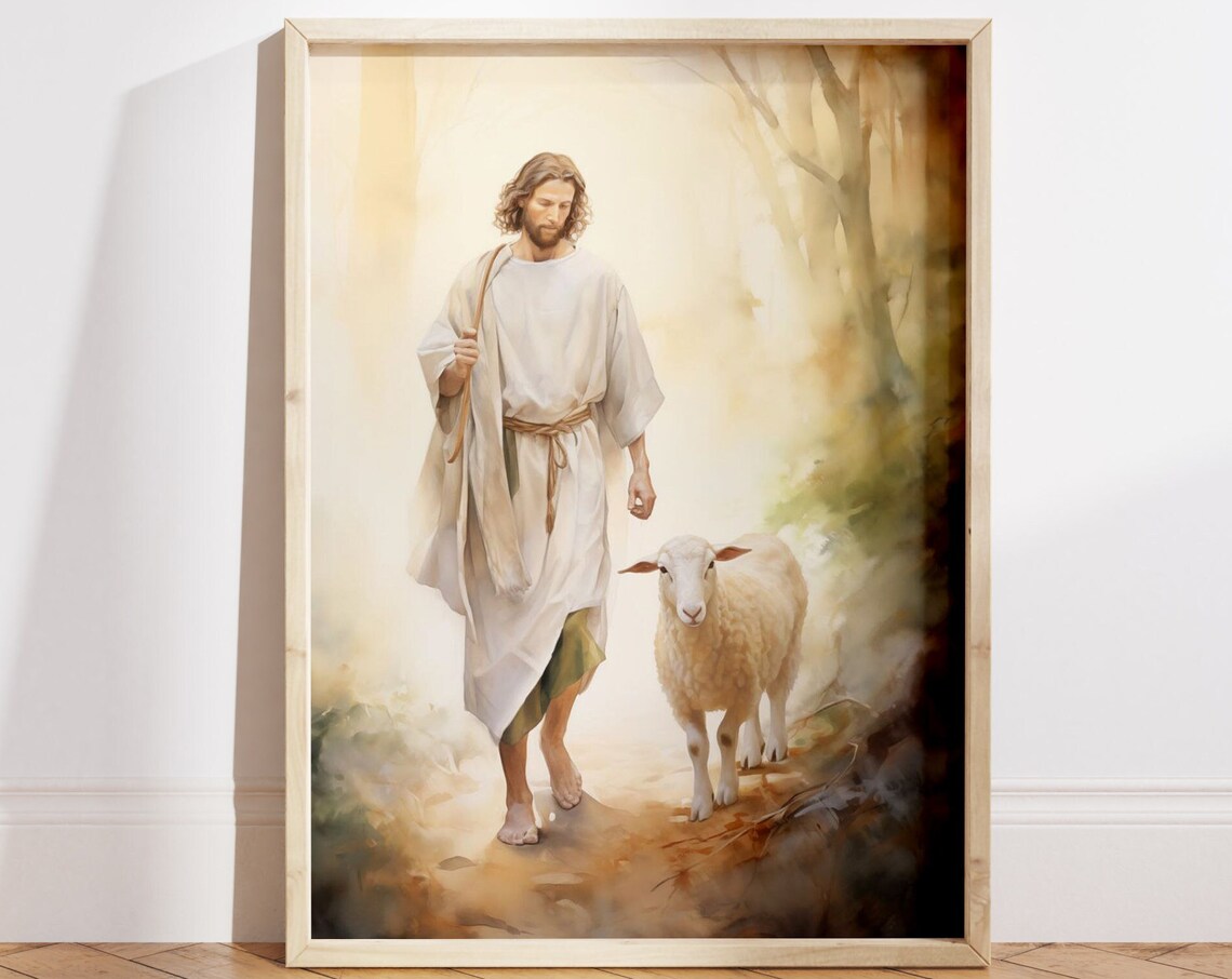 Jesus Christ and Lamb on Golden Forest Path Watercolor Poster