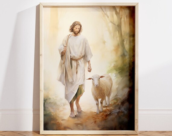 Jesus Christ and Lamb on Golden Forest Path Watercolor Poster
