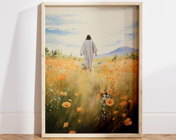 Jesus Christ Walking Through Wildflower Meadow Watercolor Faith Poster