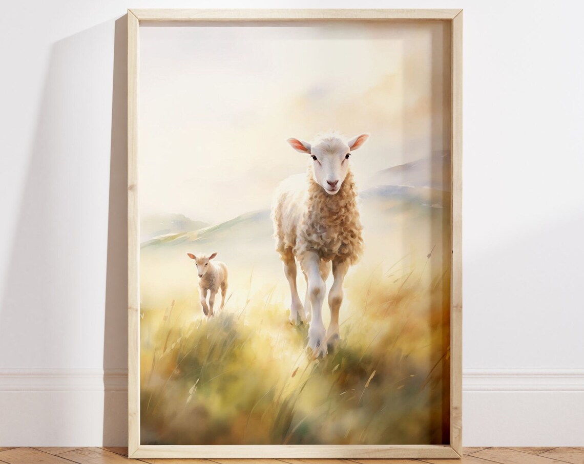 Sheep and Lamb in Sunny Meadow Watercolor Farm Animal Poster