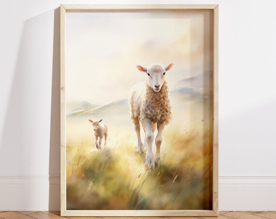 Sheep and Lamb in Sunny Meadow Watercolor Farm Animal Poster