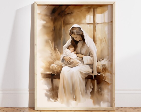 Mary and Baby Jesus in the Stable Warm Light Nativity Art Poster