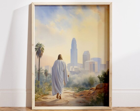 Jesus Walking to Los Angeles Skyline Palm Trees Faith Art Poster