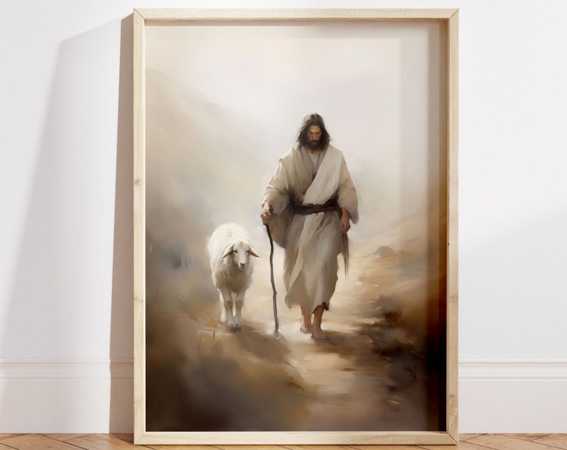 Jesus Christ Leading Sheep Through Misty Desert Oil Style Poster