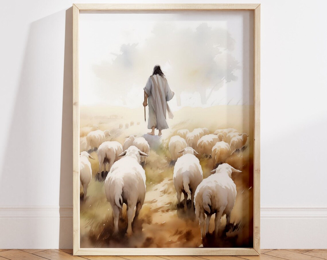 The Good Shepherd Jesus Leading His Flock Watercolor Wall Art