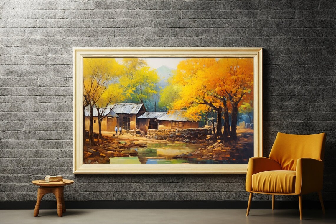 Golden Autumn Village Houses Stone Wall Stream Trees Landscape Poster - Image 2