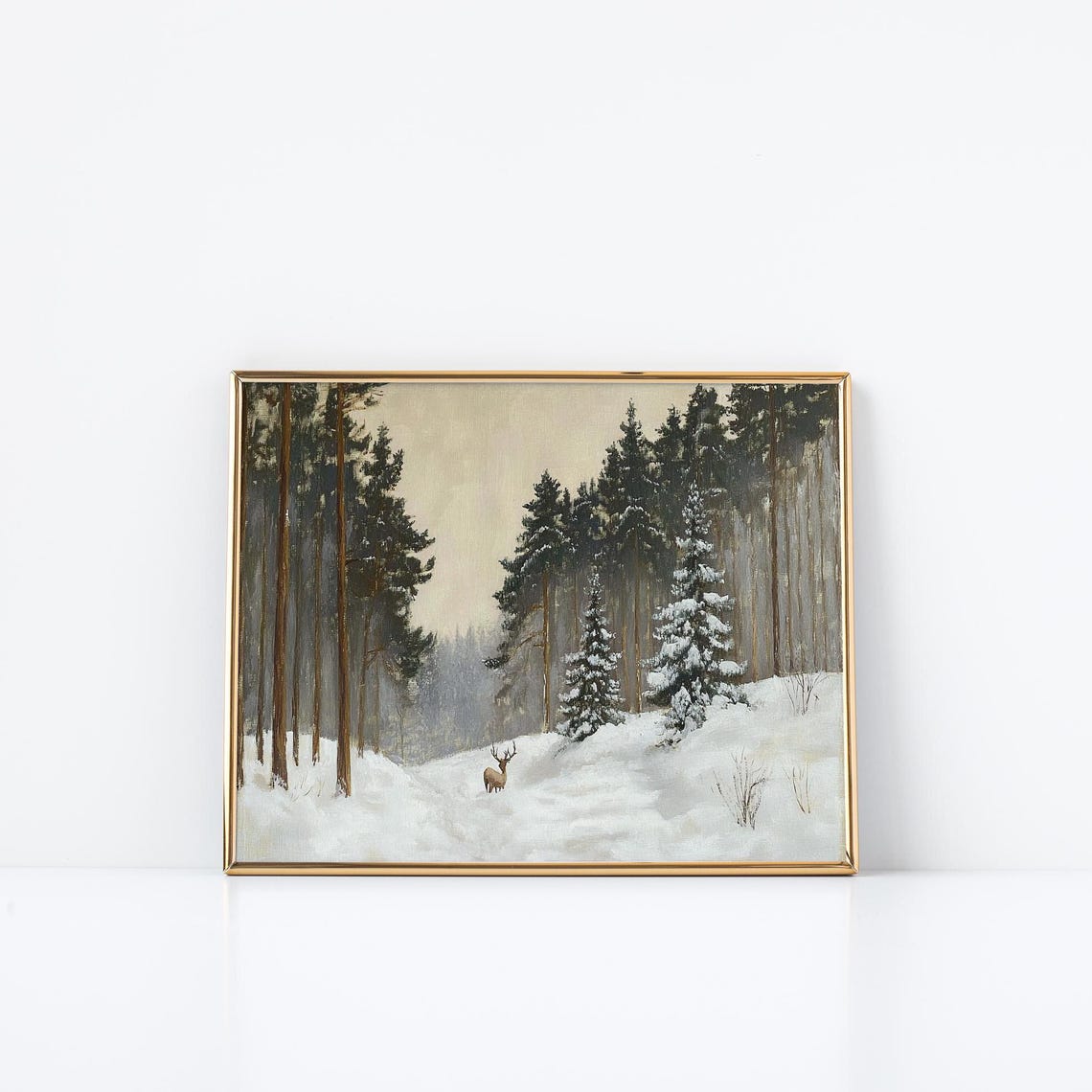 Peaceful Solitary Stag Winter Pine Forest Snow Wildlife Art Poster