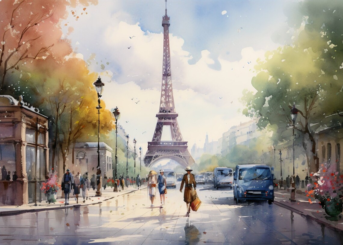 Eiffel Tower Autumn Rain Watercolor Paris Street Scene Poster - Image 3
