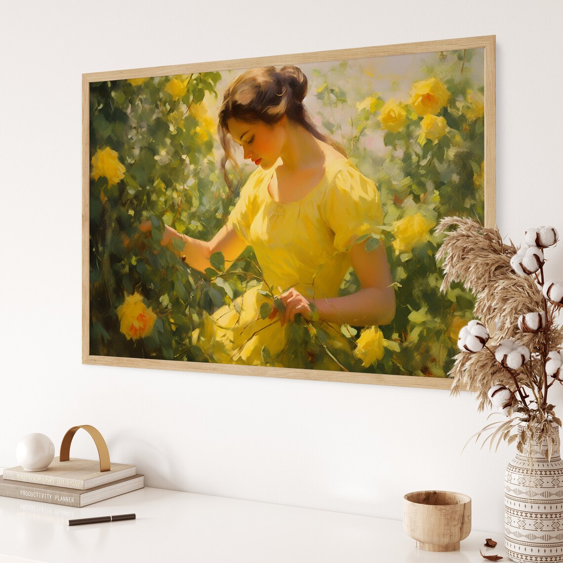 Young Woman in Yellow Dress Among Roses Figurative Romance Poster - Image 3