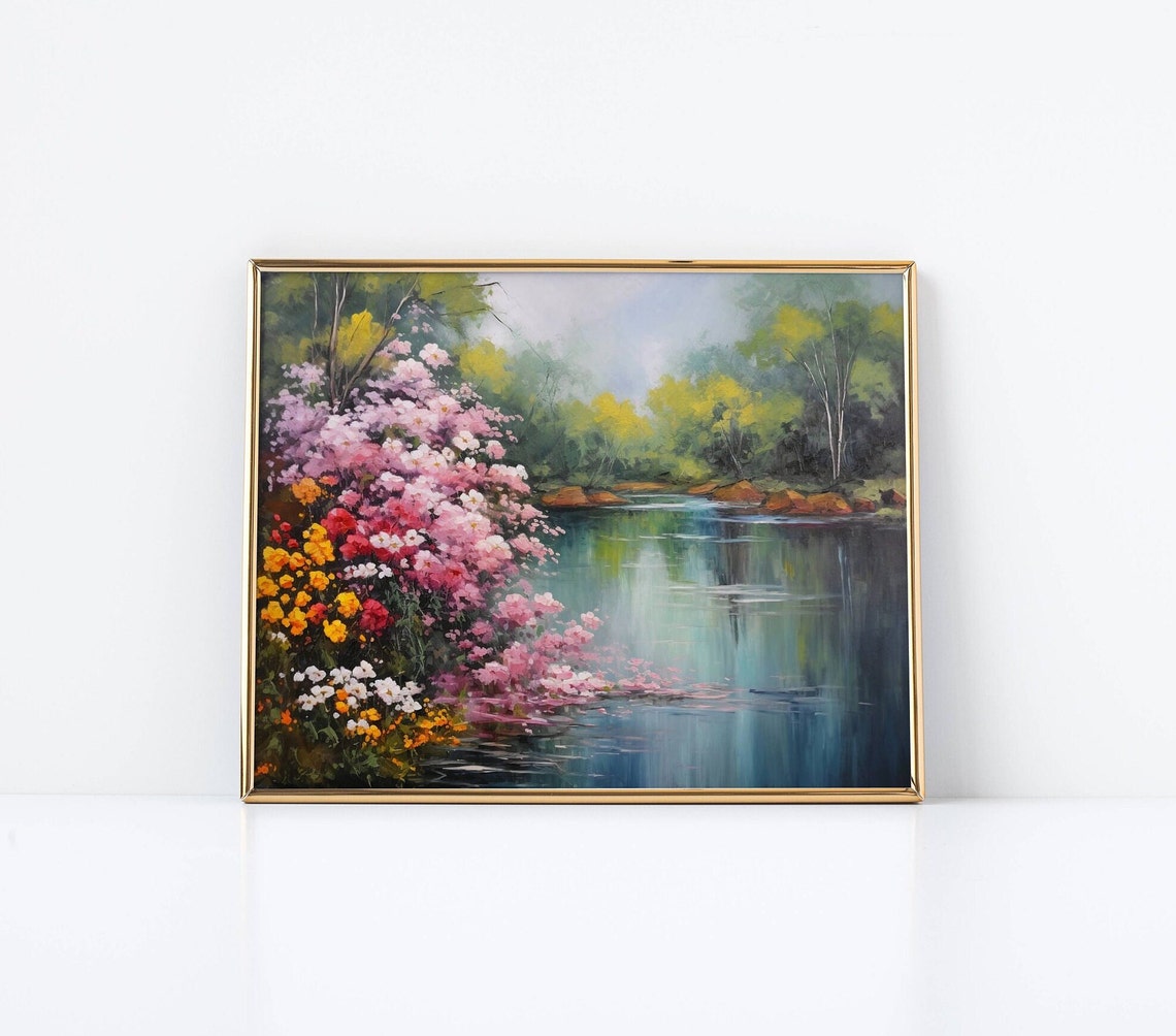 Pink Riverside Blossoms Along Quiet River Impressionist Art Poster - Image 2