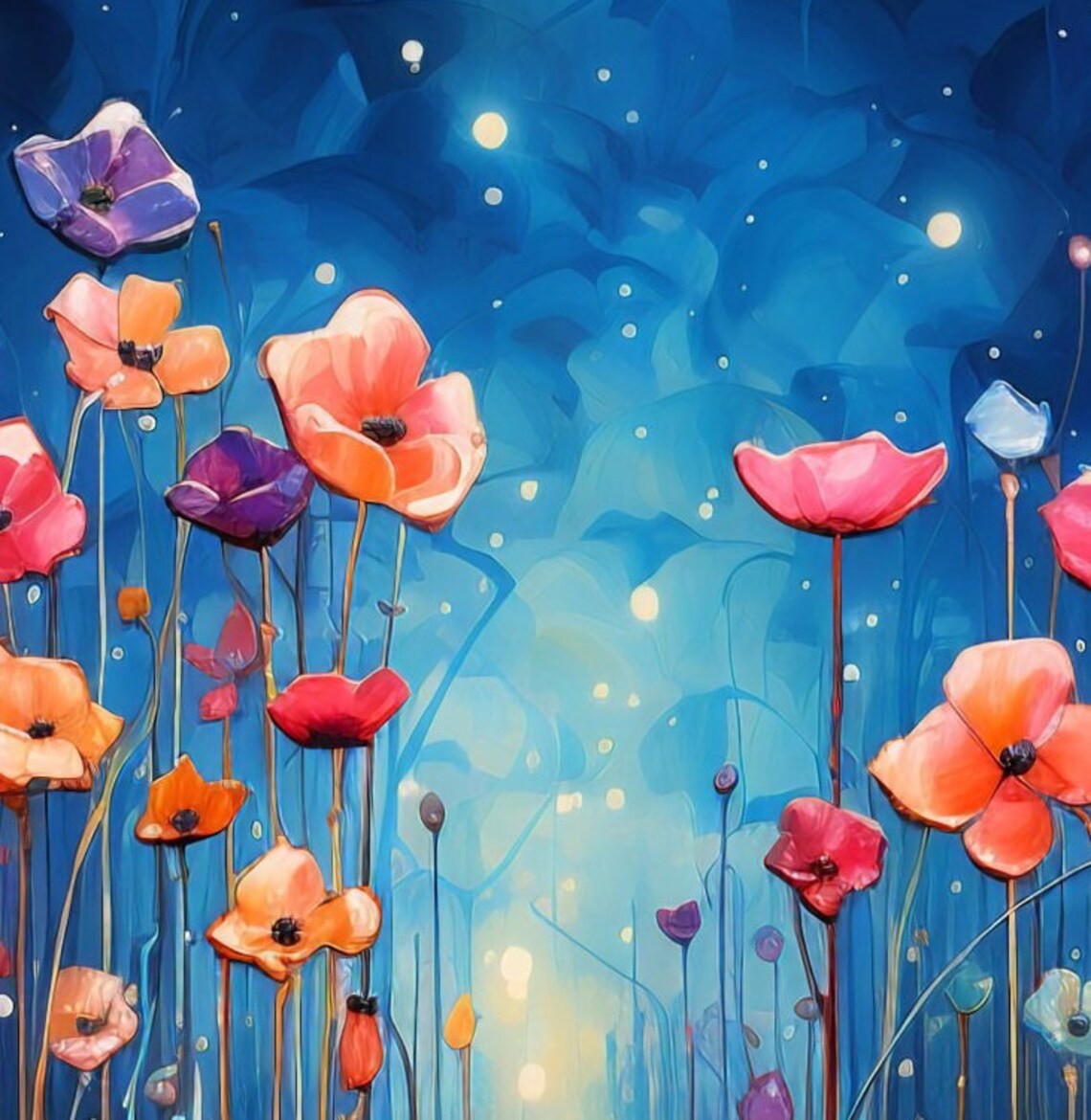Wildflower Meadow Night Painting Pink Blue Blooms Garden Poster - Image 2