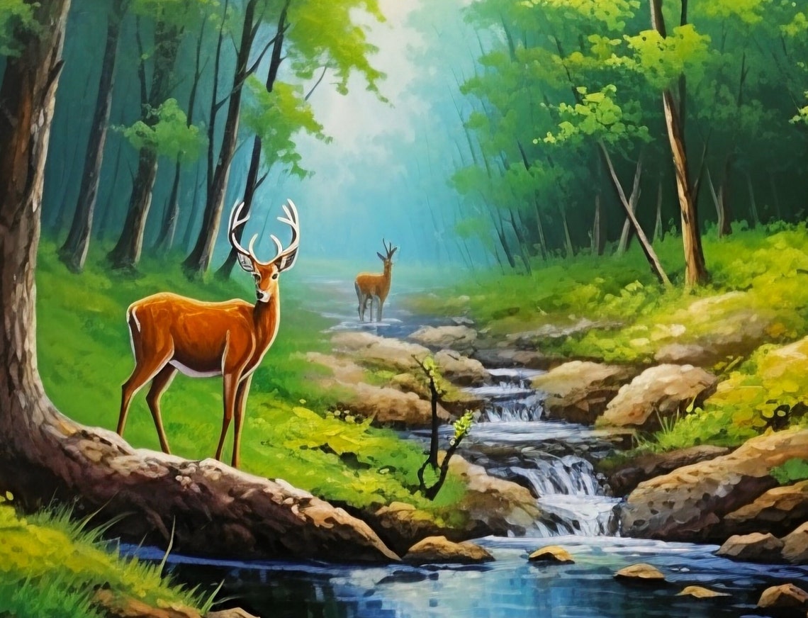 Two Deer By A Forest Stream Sunlit Woodland Wildlife Painting Poster - Image 3