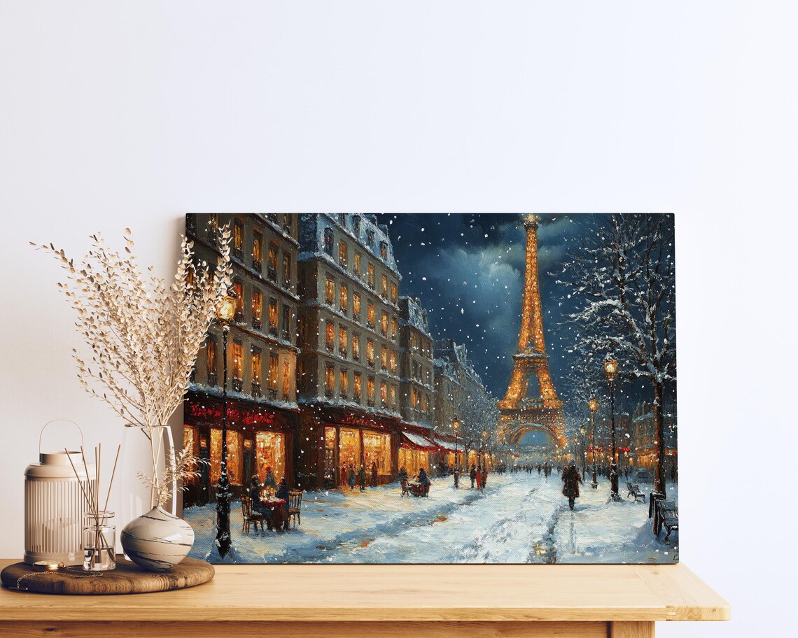 Oil Painting Of Christmas Paris Street Snowy Eiffel Tower Scene Romantic Winter Cafe Traditional French Art Wall Art - Image 3