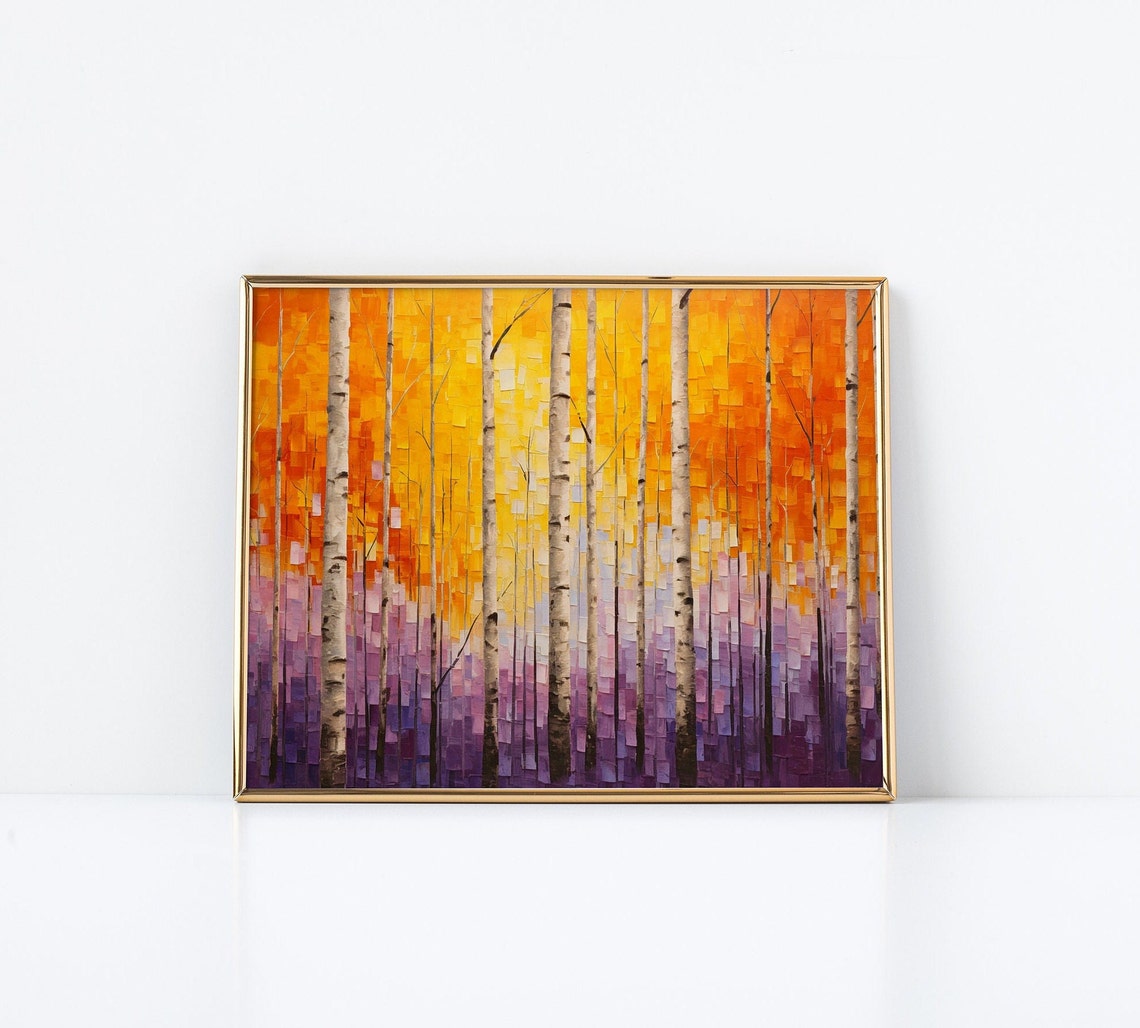 Birch Tree Forest Painting Autumn Orange Purple Mosaic Poster - Image 2