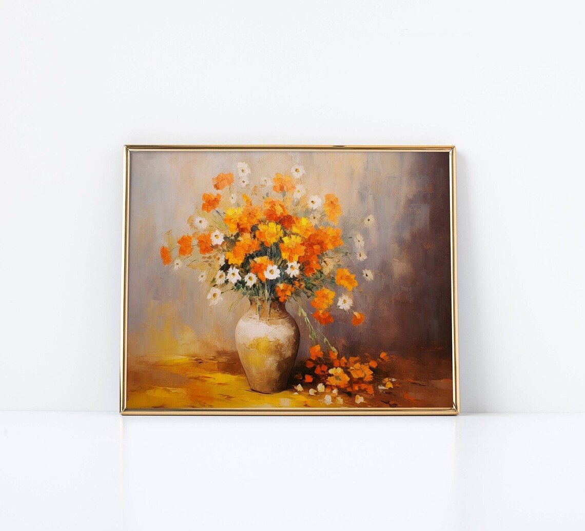 Nostalgic Impressionism Orange Flowers in Old Vase - Image 2