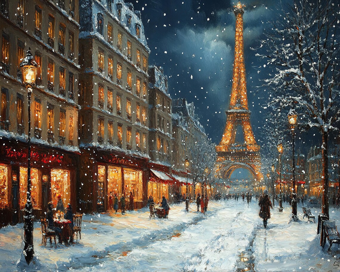 Oil Painting Of Christmas Paris Street Snowy Eiffel Tower Scene Romantic Winter Cafe Traditional French Art Wall Art - Image 2