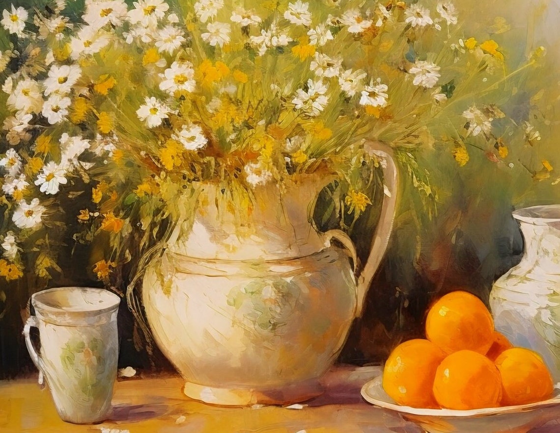 Daisy Pitcher Oranges Table Rustic Still Life Painting Poster - Image 3