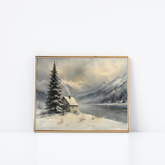 Peaceful Lakeside Cabin Winter Mountain Solitude Snow Pine Poster