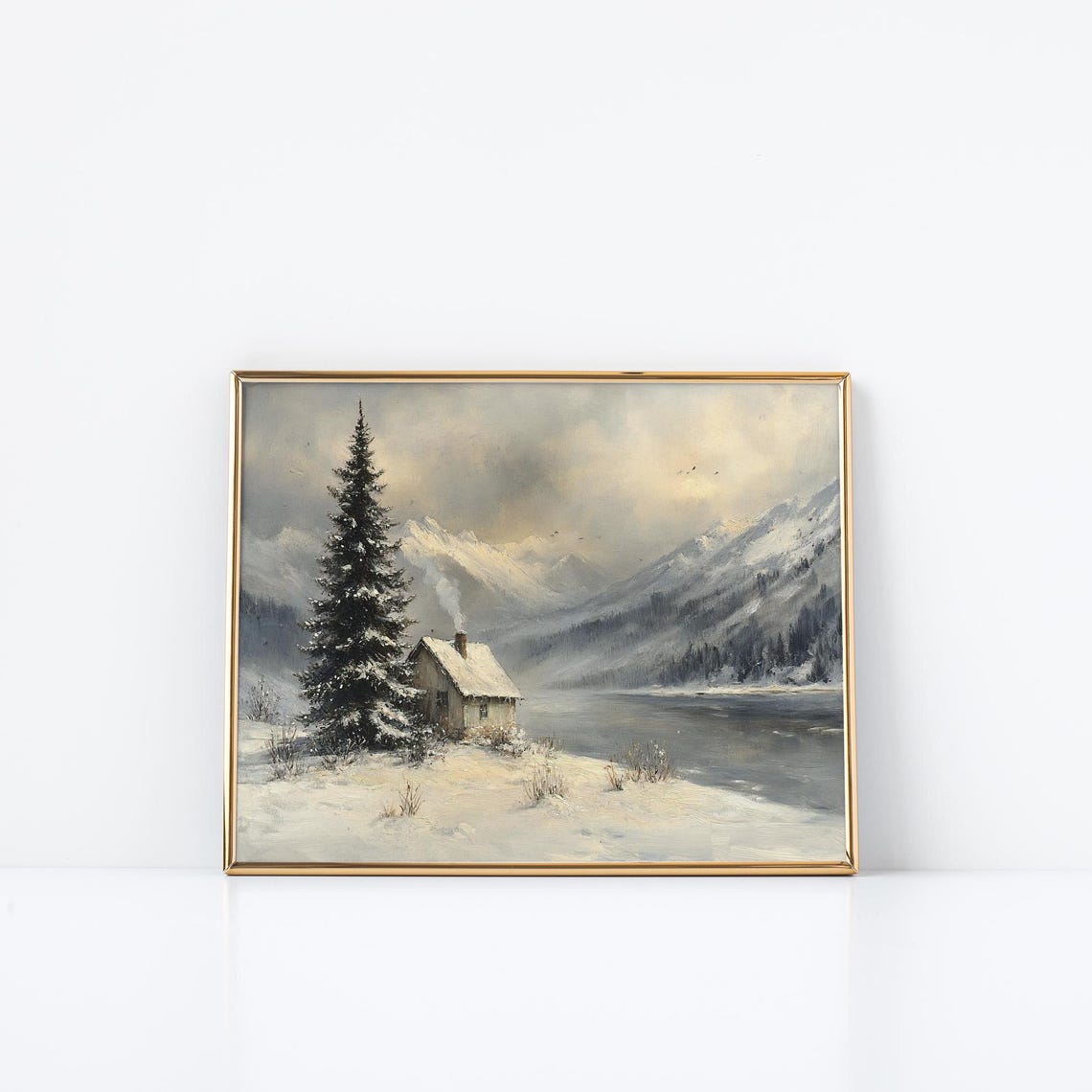 Peaceful Lakeside Cabin Winter Mountain Solitude Snow Pine Poster