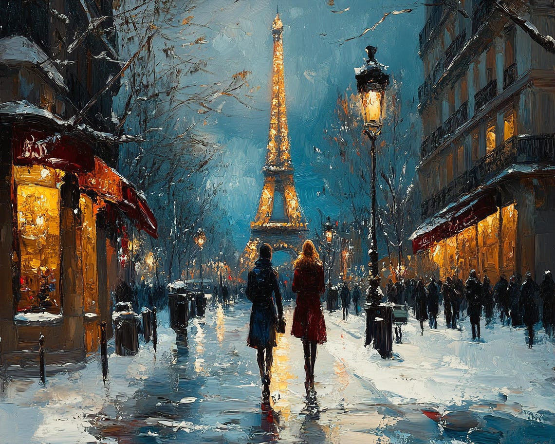 Eiffel Tower Paris Snowy Romantic Night Couple Stroll Poster - Image 2