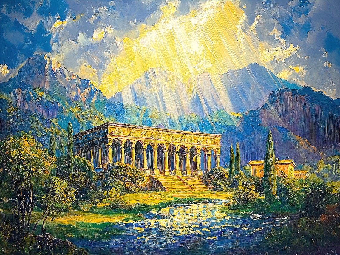 Ancient Greek Temple Sunbeams Riverside Landscape Art Poster - Image 3
