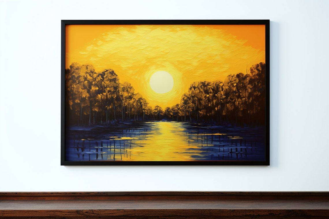 Golden Sun Over River Trees Impressionist Sunset Style Art Poster - Image 2