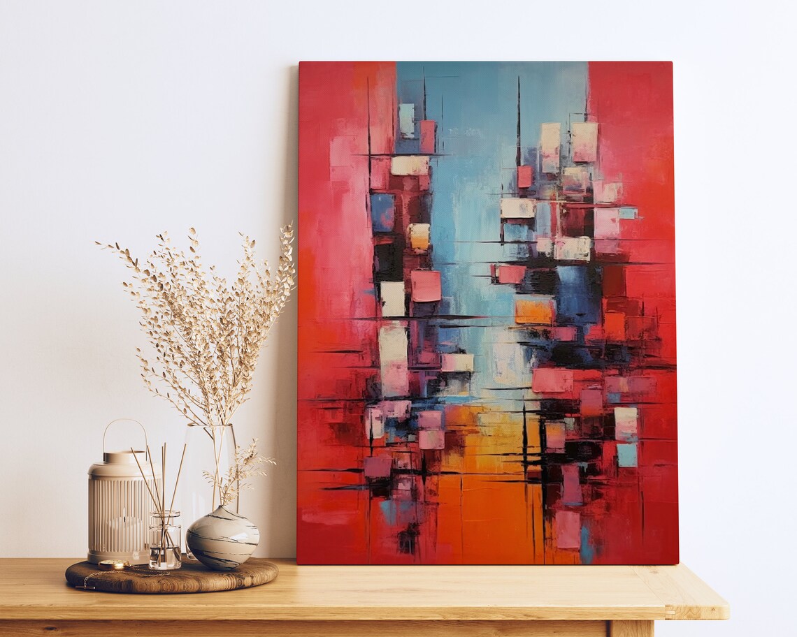Cityscape on Red Background, Realism Expressionism Mix