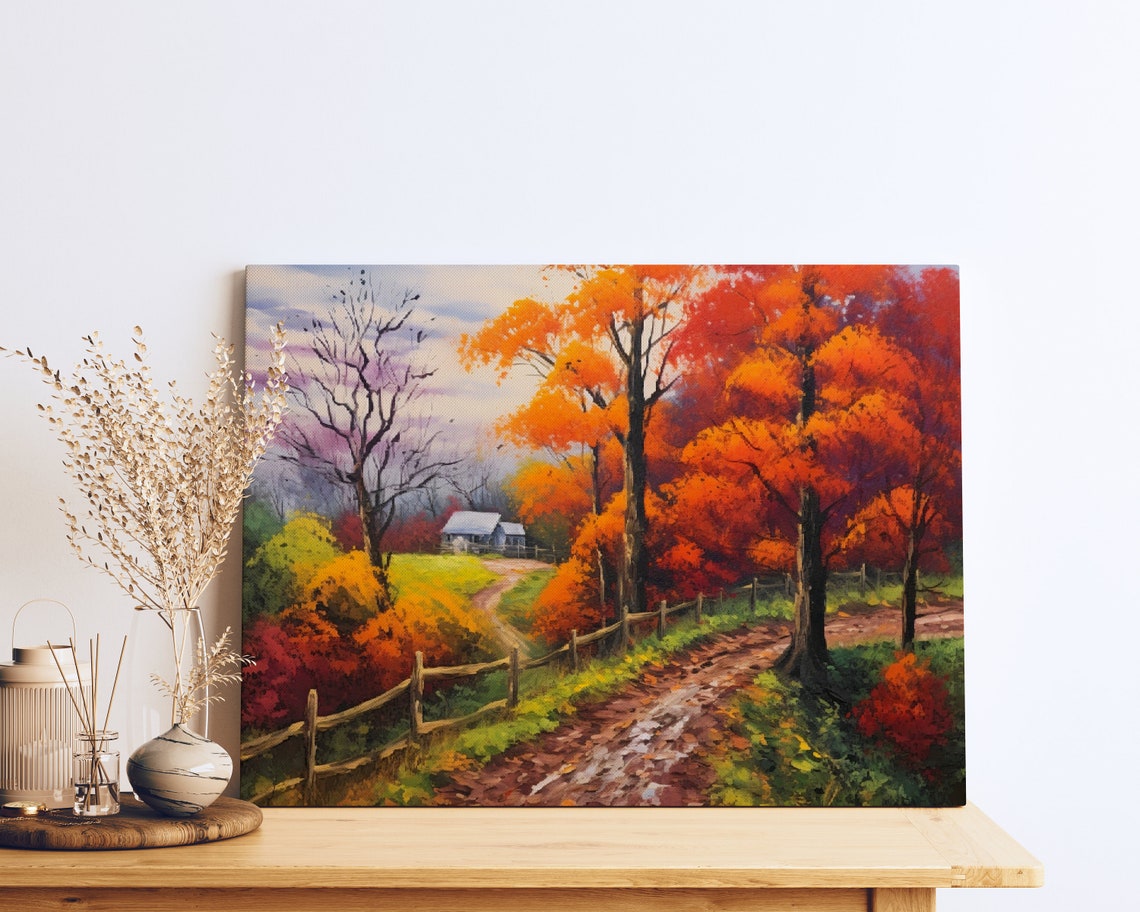 Autumn Country Lane Red Maple Trees Old Barn Fence Scene Poster